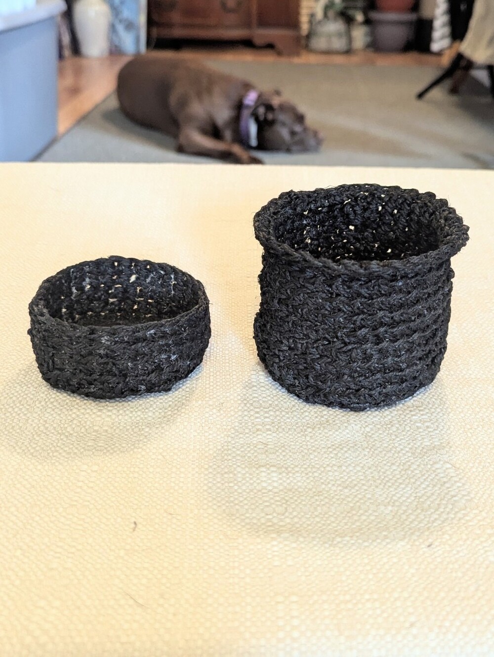 Handmade Black Jute Storage Baskets - Set of 2 - Dog Not Included